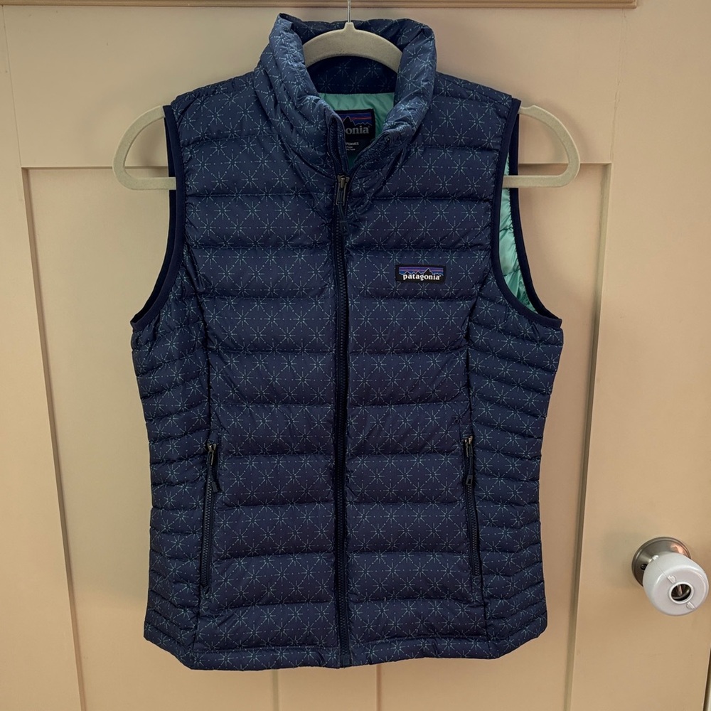 Patagonia Navy Quilted Down Vest with Mint Lining